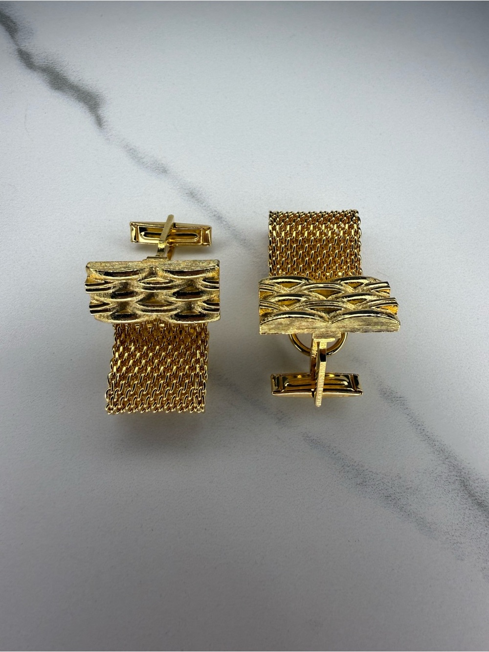 Gold Tone Mesh Cufflinks with Textured Rectangular Tops